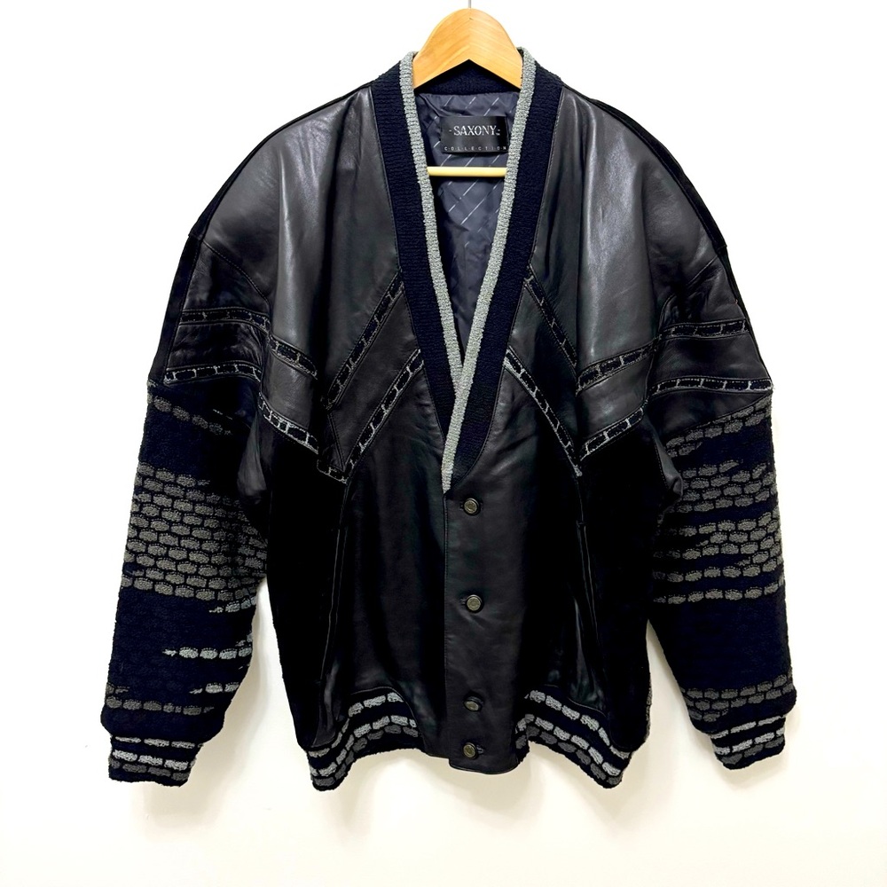 Vintage Leather 3D Knit Coogi Style Bomber Jacket 80s 90s Streetwear XL